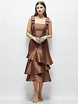 Alt View 1 Thumbnail - Cognac Bow-Shoulder Satin Midi Dress with Asymmetrical Tiered Skirt