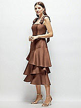 Alt View 2 Thumbnail - Cognac Bow-Shoulder Satin Midi Dress with Asymmetrical Tiered Skirt