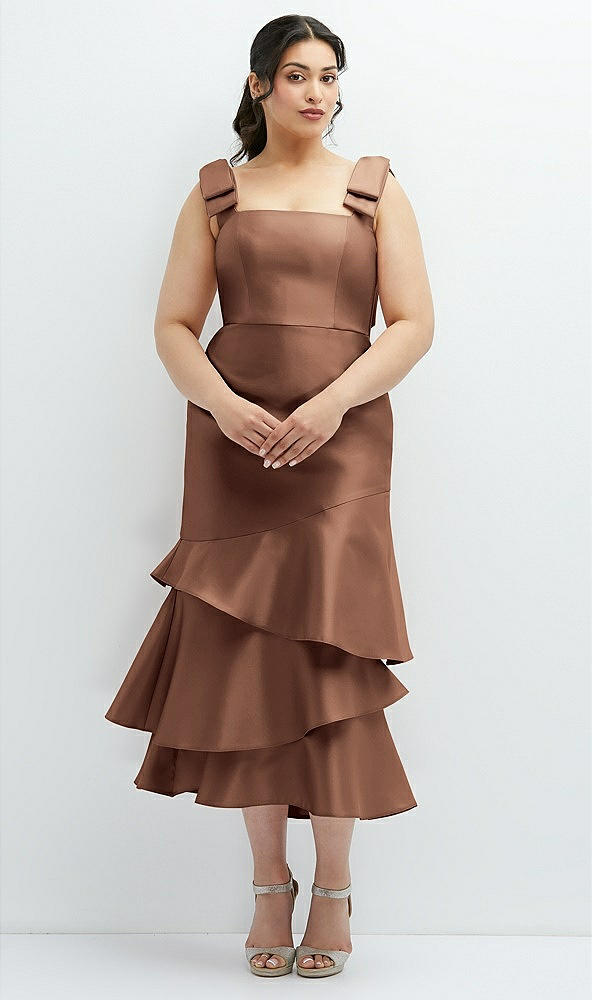 Back View - Cognac Bow-Shoulder Satin Midi Dress with Asymmetrical Tiered Skirt