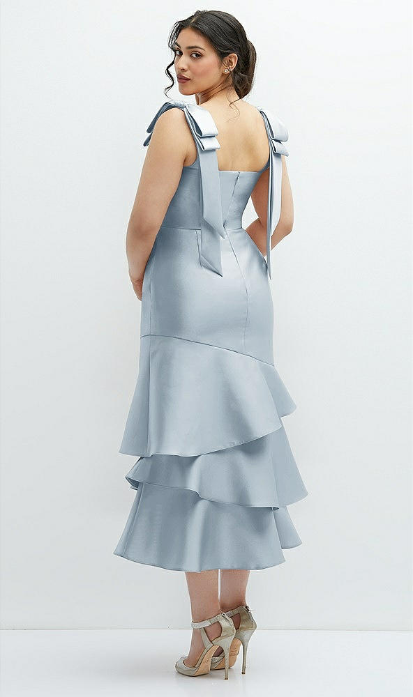 Front View - Mist Bow-Shoulder Satin Midi Dress with Asymmetrical Tiered Skirt