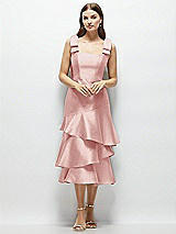 Alt View 1 Thumbnail - Rose Bow-Shoulder Satin Midi Dress with Asymmetrical Tiered Skirt
