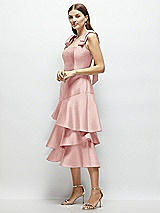 Alt View 2 Thumbnail - Rose Bow-Shoulder Satin Midi Dress with Asymmetrical Tiered Skirt