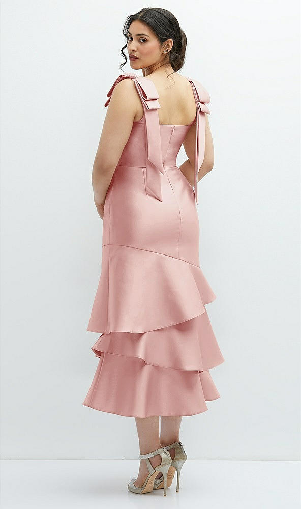 Front View - Rose Bow-Shoulder Satin Midi Dress with Asymmetrical Tiered Skirt