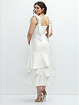 Front View Thumbnail - White Bow-Shoulder Satin Midi Dress with Asymmetrical Tiered Skirt