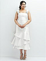 Rear View Thumbnail - White Bow-Shoulder Satin Midi Dress with Asymmetrical Tiered Skirt