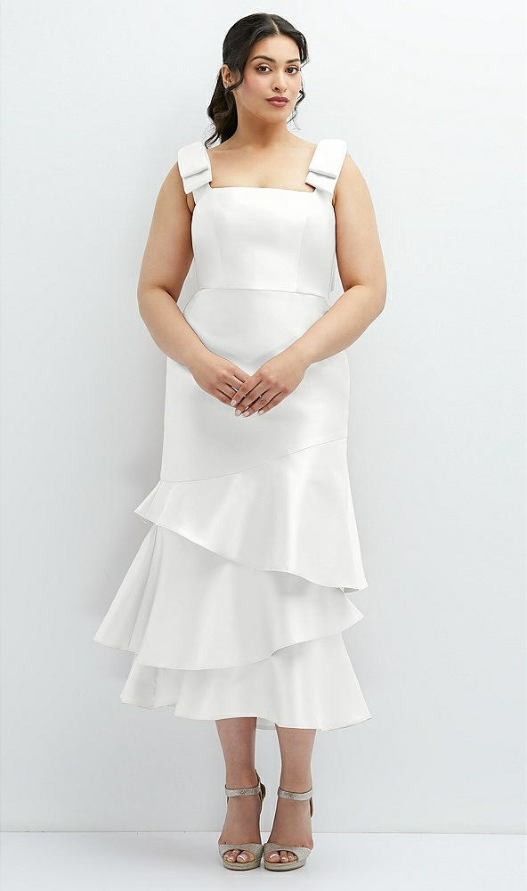 Back View - White Bow-Shoulder Satin Midi Dress with Asymmetrical Tiered Skirt