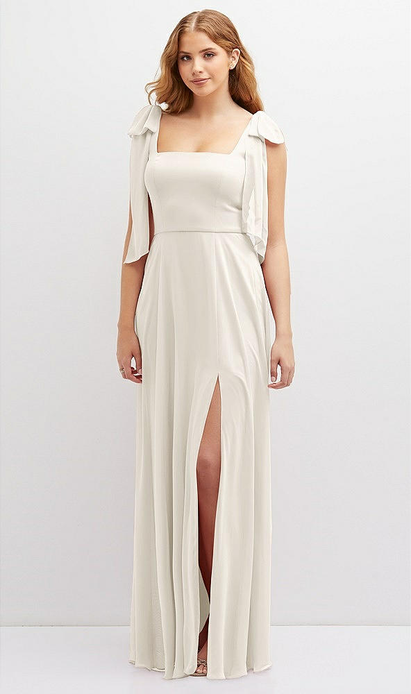 Front View - Ivory Bow Shoulder Square Neck Chiffon Maxi Dress