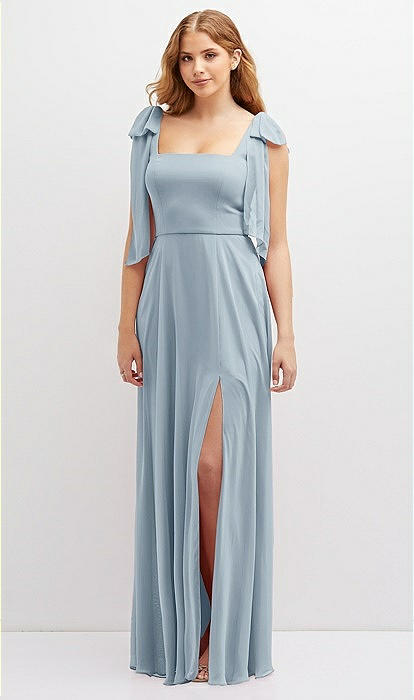 Bow Shoulder Square Neck Chiffon Maxi Bridesmaid Dress In Mist