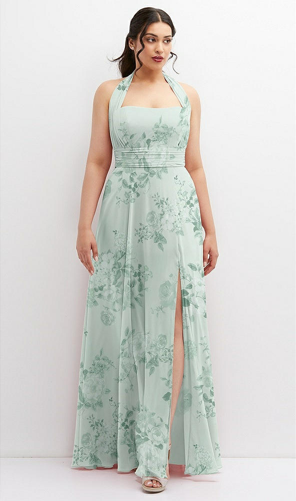 Front View - Mint Green Floral Chiffon Convertible Maxi Dress with Multi-Way Tie Straps