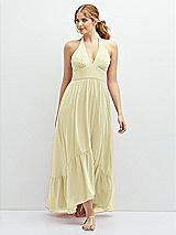 Front View Thumbnail - Butter Yellow Chiffon Halter High-Low Dress with Deep Ruffle Hem