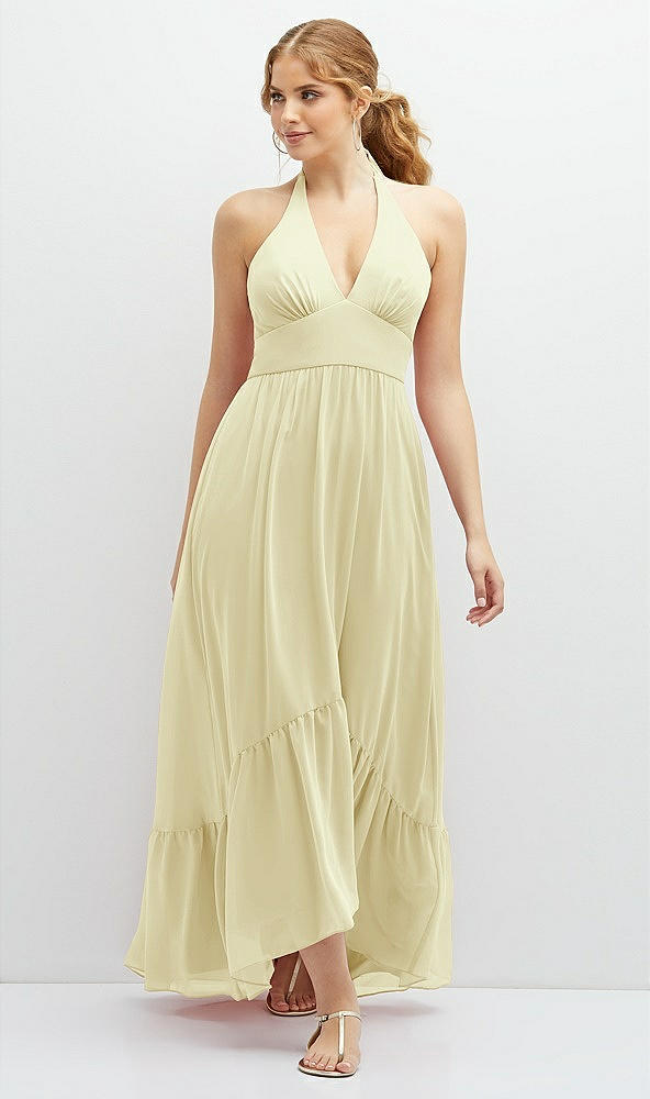 Front View - Butter Yellow Chiffon Halter High-Low Dress with Deep Ruffle Hem