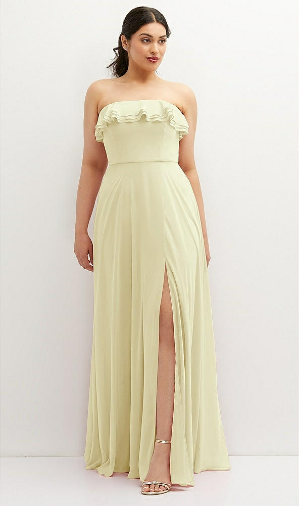 Front View - Butter Yellow Tiered Ruffle Neck Strapless Maxi Dress with Front Slit