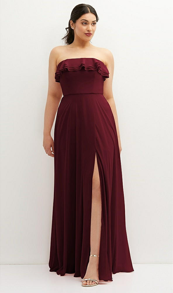 Front View - Cabernet Tiered Ruffle Neck Strapless Maxi Dress with Front Slit