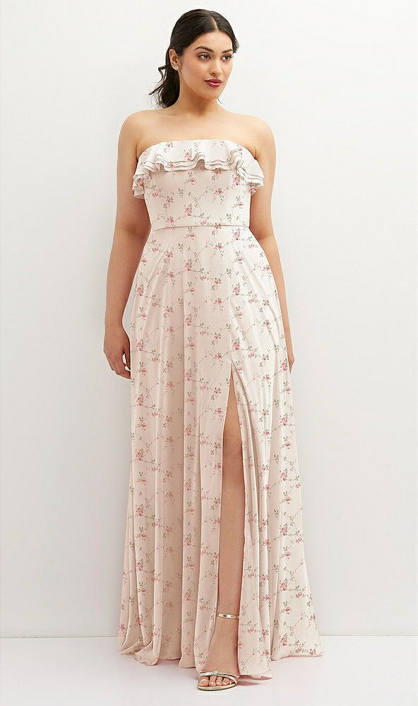Front View - Coquette Floral Print Tiered Ruffle Neck Strapless Maxi Dress with Front Slit
