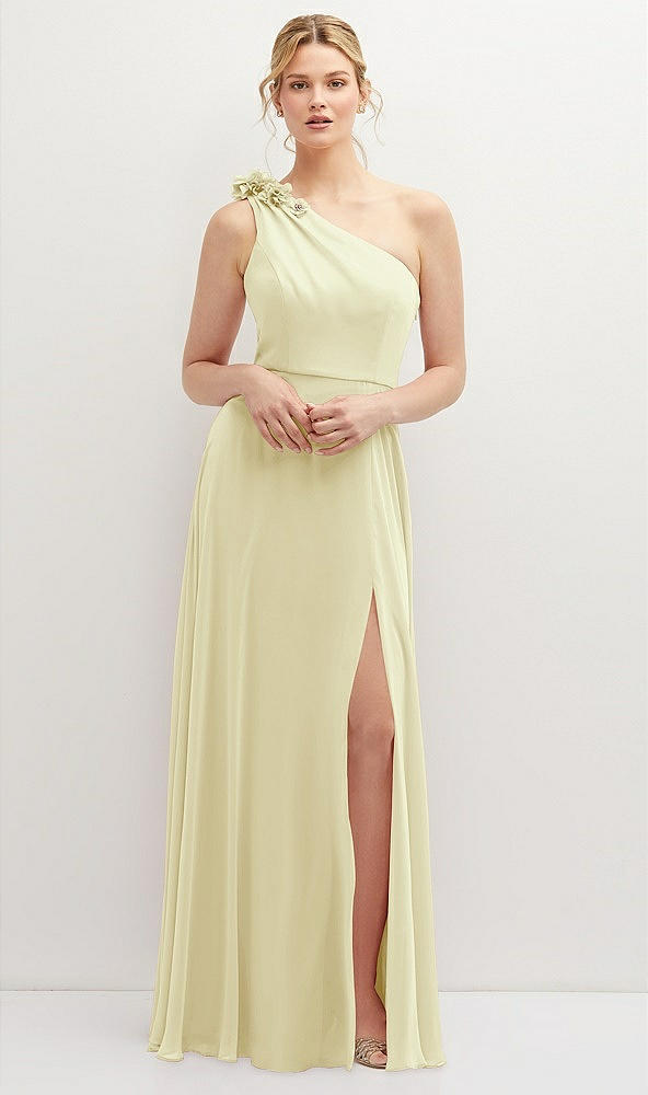 Front View - Butter Yellow Handworked Flower Trimmed One-Shoulder Chiffon Maxi Dress