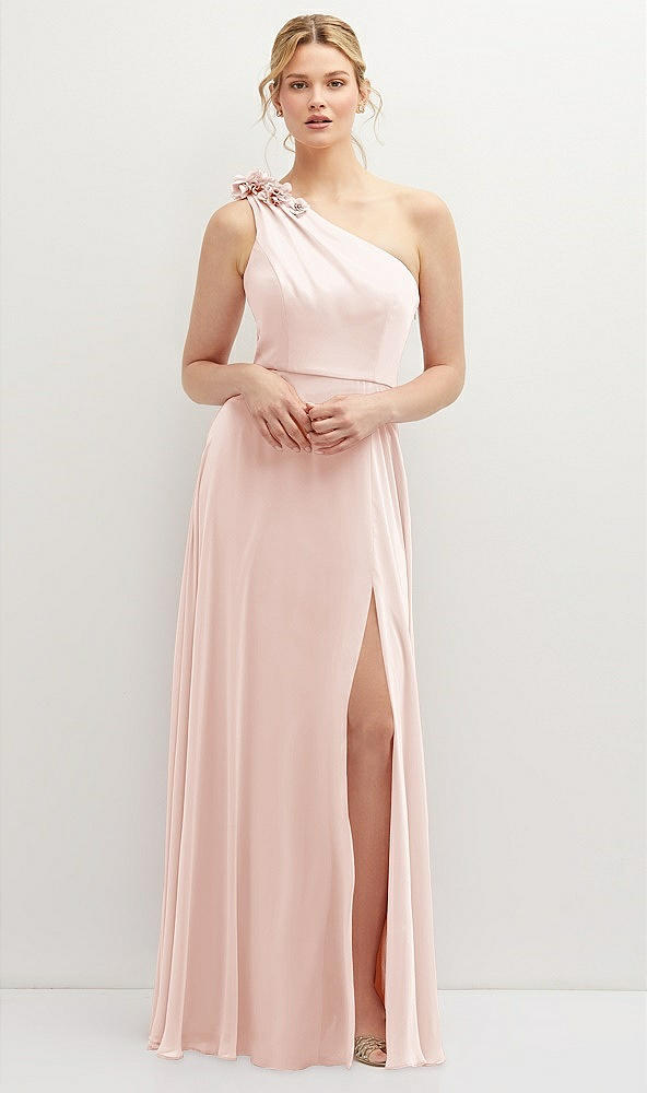 Front View - Blush Handworked Flower Trimmed One-Shoulder Chiffon Maxi Dress