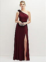 Front View Thumbnail - Cabernet Handworked Flower Trimmed One-Shoulder Chiffon Maxi Dress