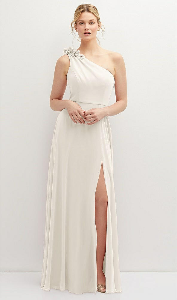 Front View - Ivory Handworked Flower Trimmed One-Shoulder Chiffon Maxi Dress