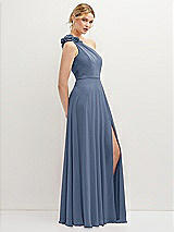 Side View Thumbnail - Larkspur Blue Handworked Flower Trimmed One-Shoulder Chiffon Maxi Dress