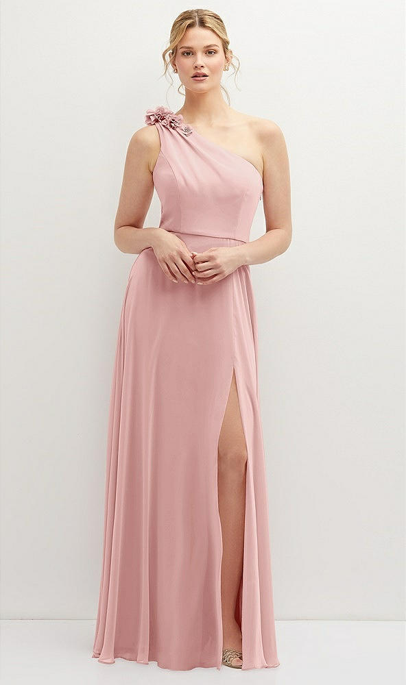 Front View - Rose Handworked Flower Trimmed One-Shoulder Chiffon Maxi Dress