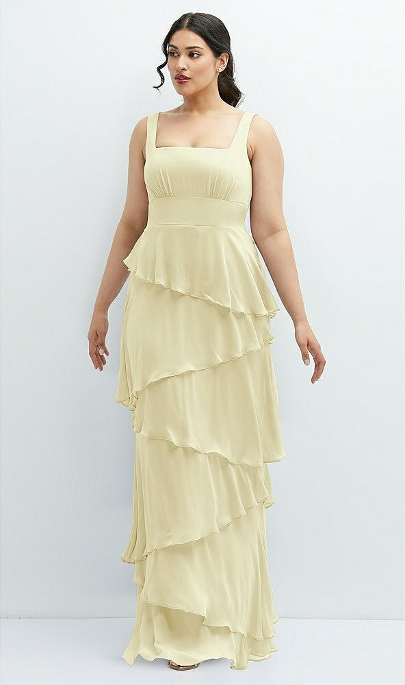 Front View - Butter Yellow Asymmetrical Tiered Ruffle Chiffon Maxi Dress with Square Neckline