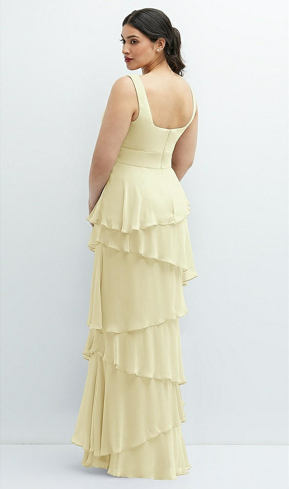 Back View - Butter Yellow Asymmetrical Tiered Ruffle Chiffon Maxi Dress with Square Neckline