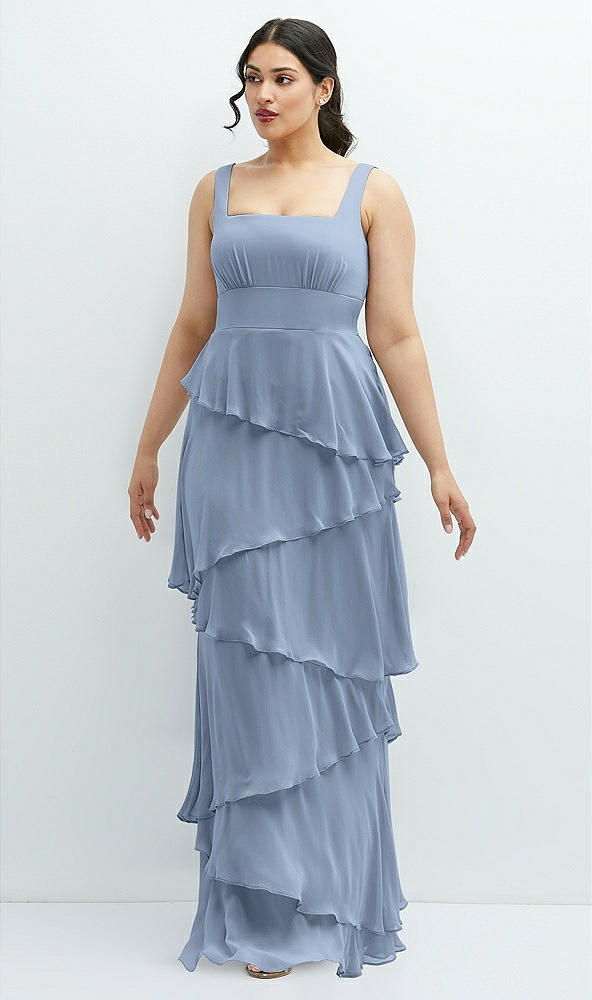 Front View - Cloudy Asymmetrical Tiered Ruffle Chiffon Maxi Dress with Square Neckline