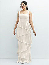 Front View Thumbnail - Ivory Asymmetrical Tiered Ruffle Chiffon Maxi Dress with Square Neckline