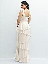 Rear View Thumbnail - Ivory Asymmetrical Tiered Ruffle Chiffon Maxi Dress with Square Neckline
