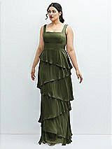 Front View Thumbnail - Olive Green Asymmetrical Tiered Ruffle Chiffon Maxi Dress with Square Neckline