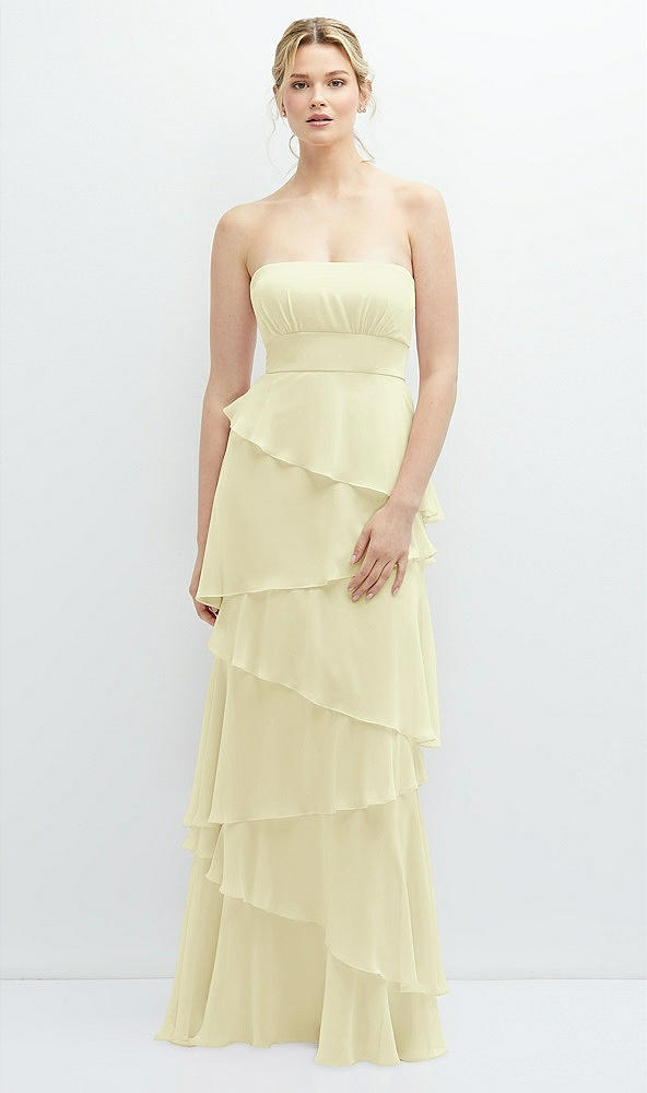 Front View - Butter Yellow Strapless Asymmetrical Tiered Ruffle Chiffon Maxi Dress