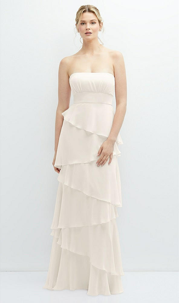 Front View - Ivory Strapless Asymmetrical Tiered Ruffle Chiffon Maxi Dress