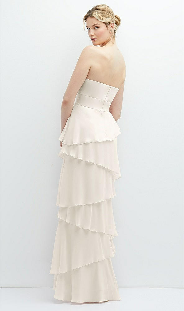 Back View - Ivory Strapless Asymmetrical Tiered Ruffle Chiffon Maxi Dress