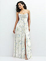 Alt View 1 Thumbnail - Bleu Garden Chiffon Corset Maxi Dress with Removable Off-the-Shoulder Swags