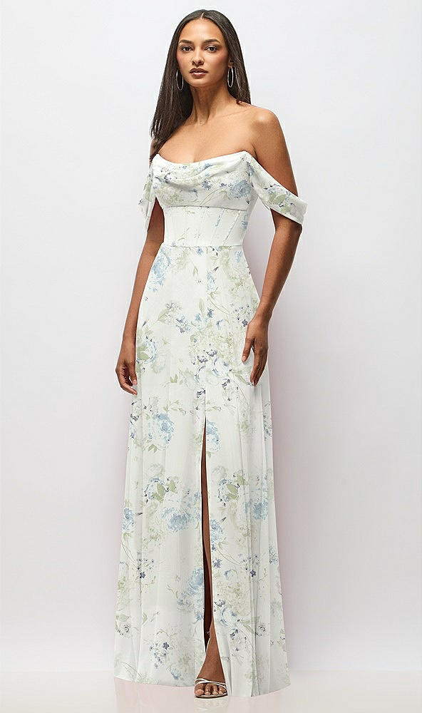 Front View - Bleu Garden Chiffon Corset Maxi Dress with Removable Off-the-Shoulder Swags