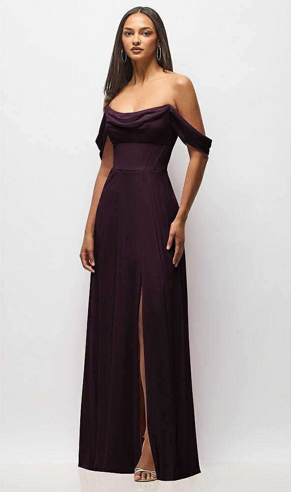 Front View - Deep Plum Chiffon Corset Maxi Dress with Removable Off-the-Shoulder Swags
