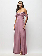 Front View Thumbnail - Dusty Pink Chiffon Corset Maxi Dress with Removable Off-the-Shoulder Swags