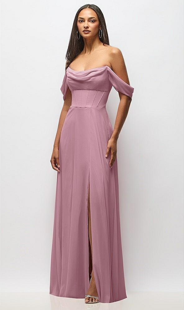 Front View - Dusty Pink Chiffon Corset Maxi Dress with Removable Off-the-Shoulder Swags