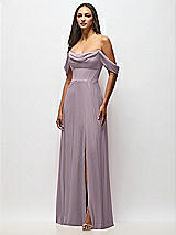 Front View Thumbnail - Lilac Dusk Chiffon Corset Maxi Dress with Removable Off-the-Shoulder Swags