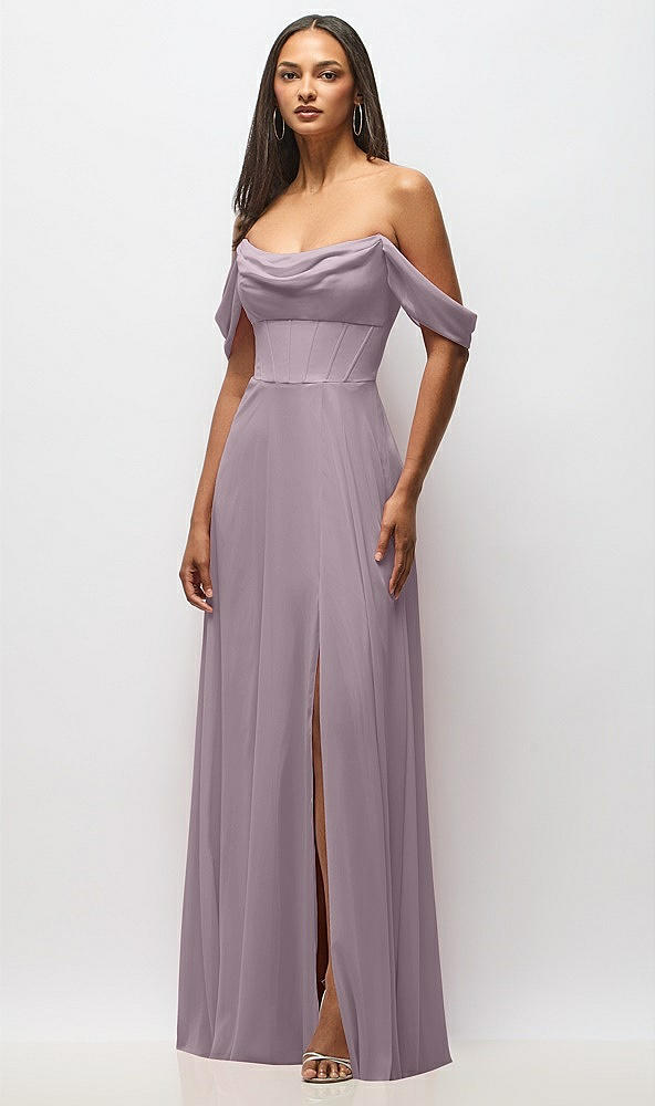 Front View - Lilac Dusk Chiffon Corset Maxi Dress with Removable Off-the-Shoulder Swags