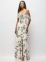 Front View Thumbnail - Palm Beach Print Chiffon Corset Maxi Dress with Removable Off-the-Shoulder Swags