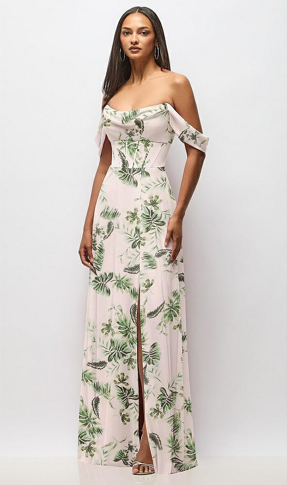 Front View - Palm Beach Print Chiffon Corset Maxi Dress with Removable Off-the-Shoulder Swags