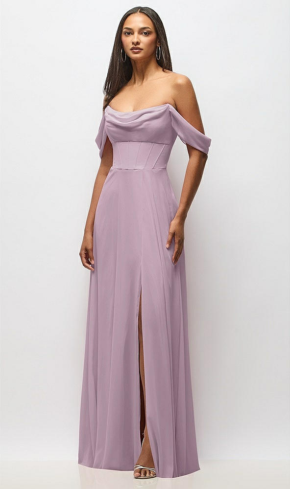 Front View - Suede Rose Chiffon Corset Maxi Dress with Removable Off-the-Shoulder Swags