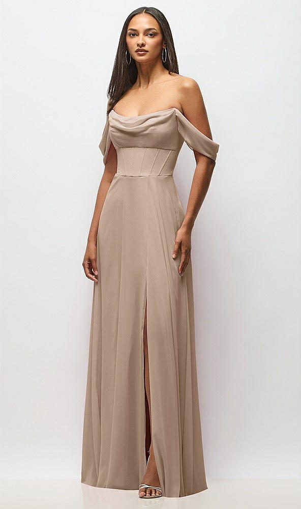Front View - Topaz Chiffon Corset Maxi Dress with Removable Off-the-Shoulder Swags