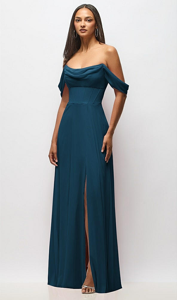 Front View - Atlantic Blue Chiffon Corset Maxi Dress with Removable Off-the-Shoulder Swags