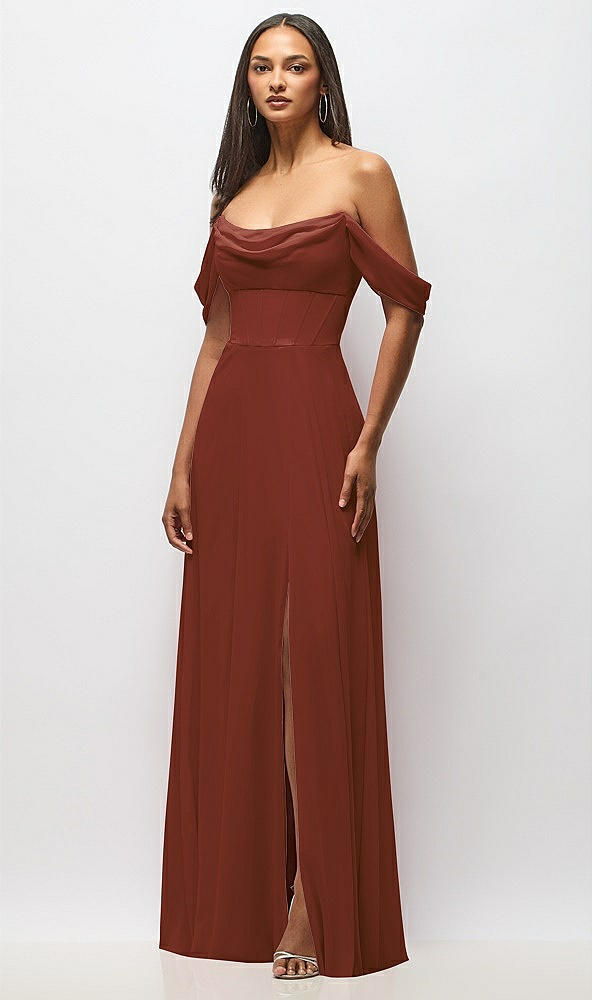 Front View - Auburn Moon Chiffon Corset Maxi Dress with Removable Off-the-Shoulder Swags