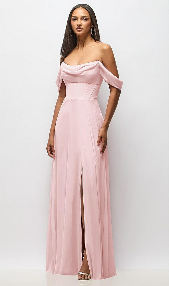 Front View - Ballet Pink Chiffon Corset Maxi Dress with Removable Off-the-Shoulder Swags