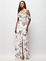 Front View Thumbnail - Butterfly Botanica Ivory Chiffon Corset Maxi Dress with Removable Off-the-Shoulder Swags