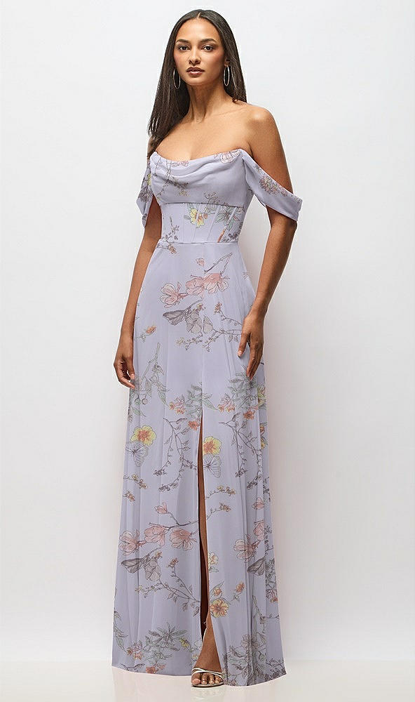 Front View - Butterfly Botanica Silver Dove Chiffon Corset Maxi Dress with Removable Off-the-Shoulder Swags