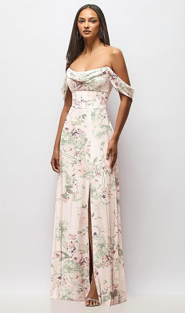 Front View - Blush Garden Chiffon Corset Maxi Dress with Removable Off-the-Shoulder Swags